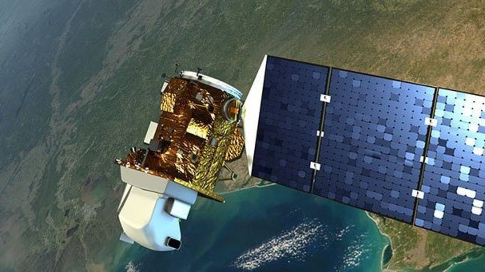 A satellite with solar panels orbiting Earth, symbolizing advanced tech.