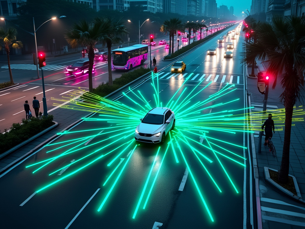 A white self-driving car surrounded by vehicles and pedestrians at night.