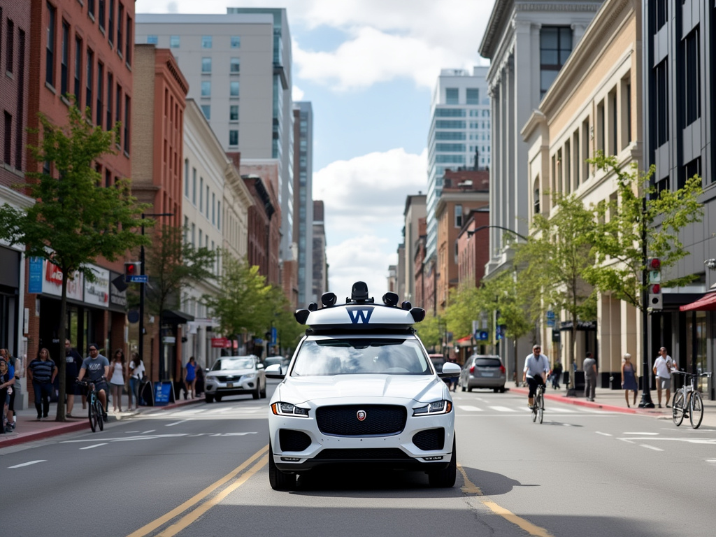 A white autonomous vehicle equipped with sensors driving in a city.