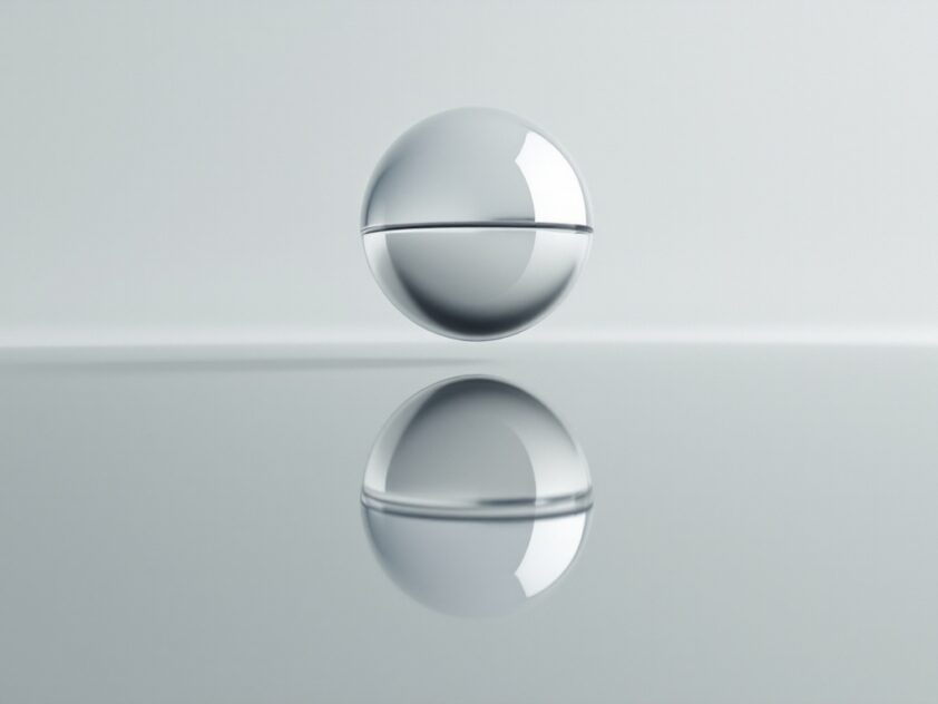 A metallic sphere floating above a reflective surface, casting a distorted mirror image.