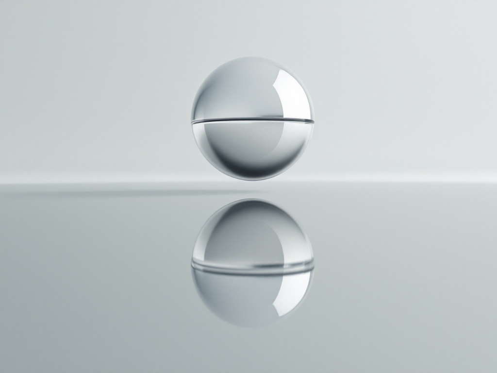 A metallic sphere floating above a reflective surface, casting a distorted mirror image.
