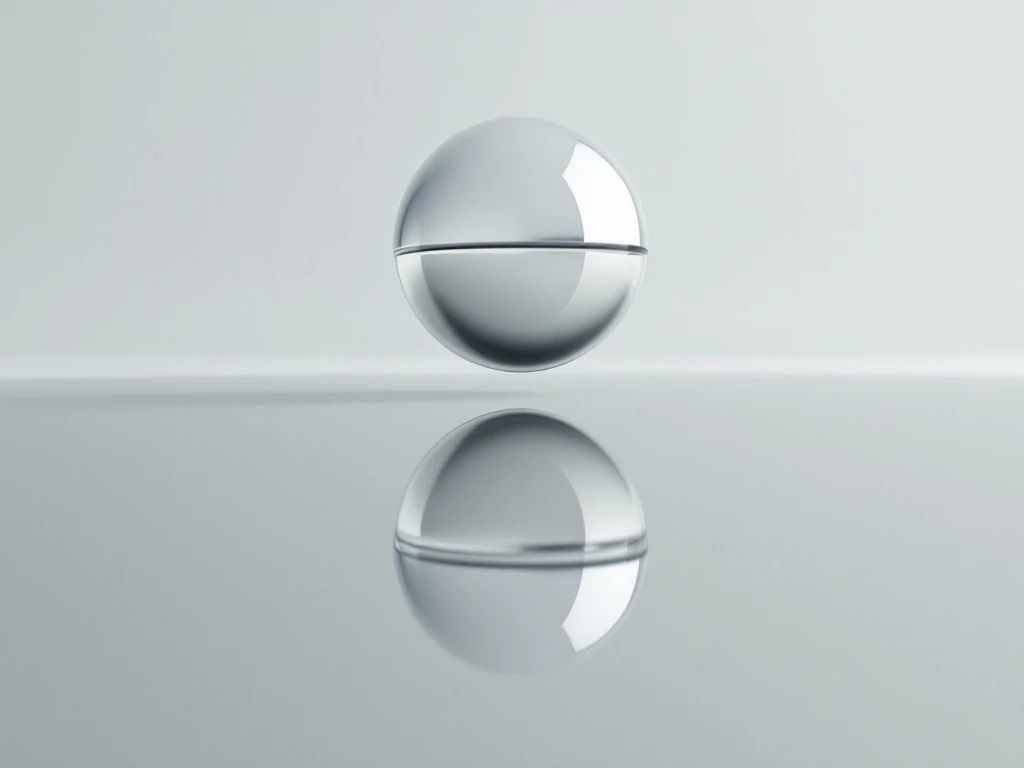 A metallic sphere floating above a reflective surface, casting a distorted mirror image.