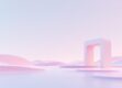 A serene minimalist abstract landscape with a geometric structure in the foreground against a gradient background.