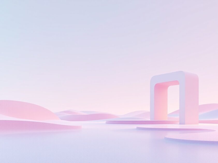 A serene minimalist abstract landscape with a geometric structure in the foreground against a gradient background.