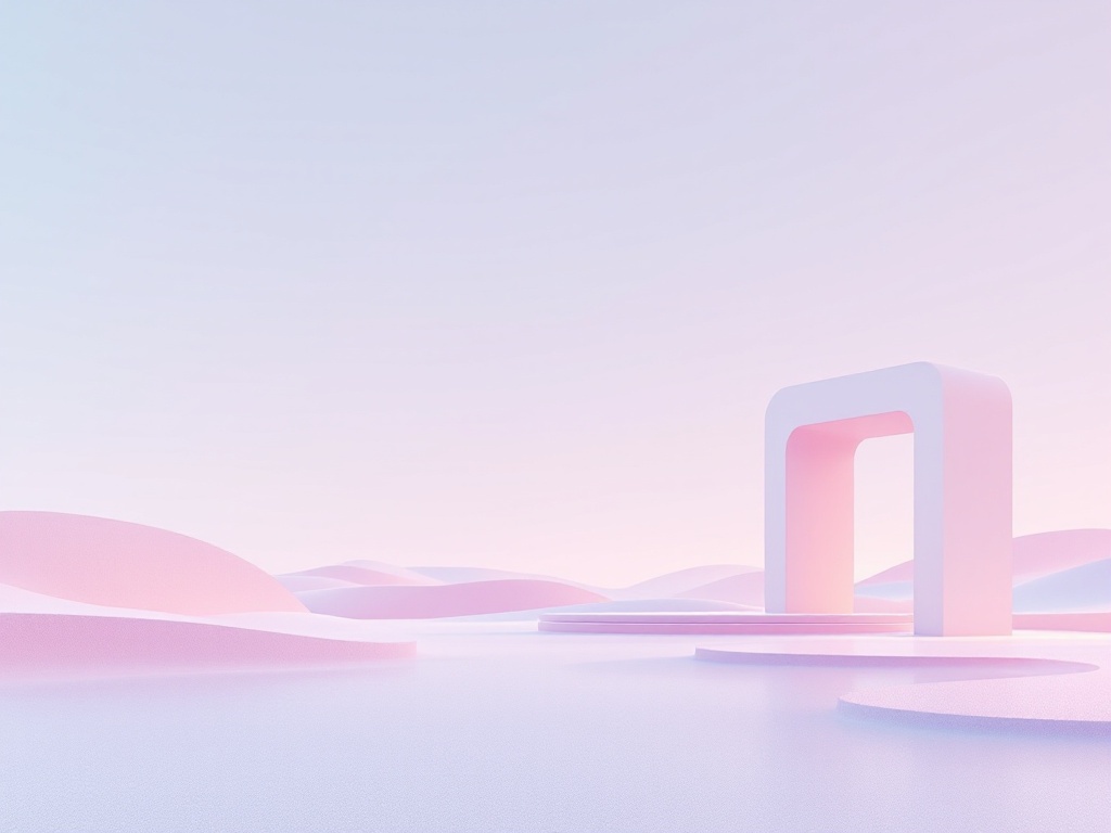 A serene minimalist abstract landscape with a geometric structure in the foreground against a gradient background.