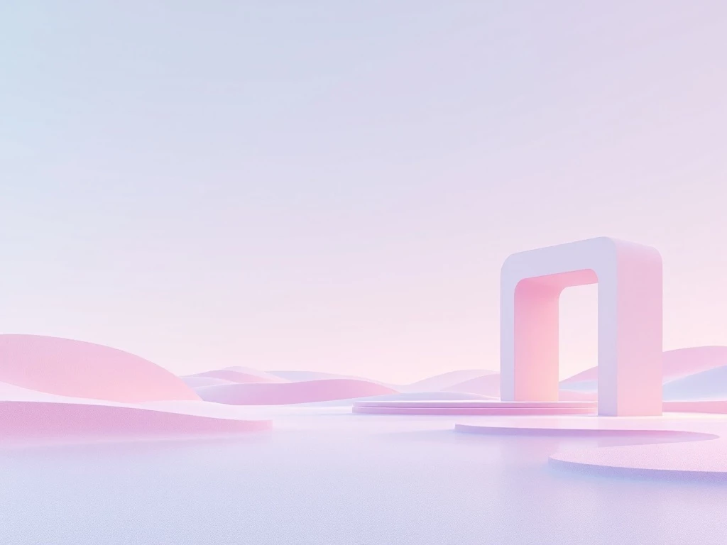 A serene minimalist abstract landscape with a geometric structure in the foreground against a gradient background.