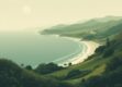 A serene, minimalist landscape depicting interactions between nature and human activity.
