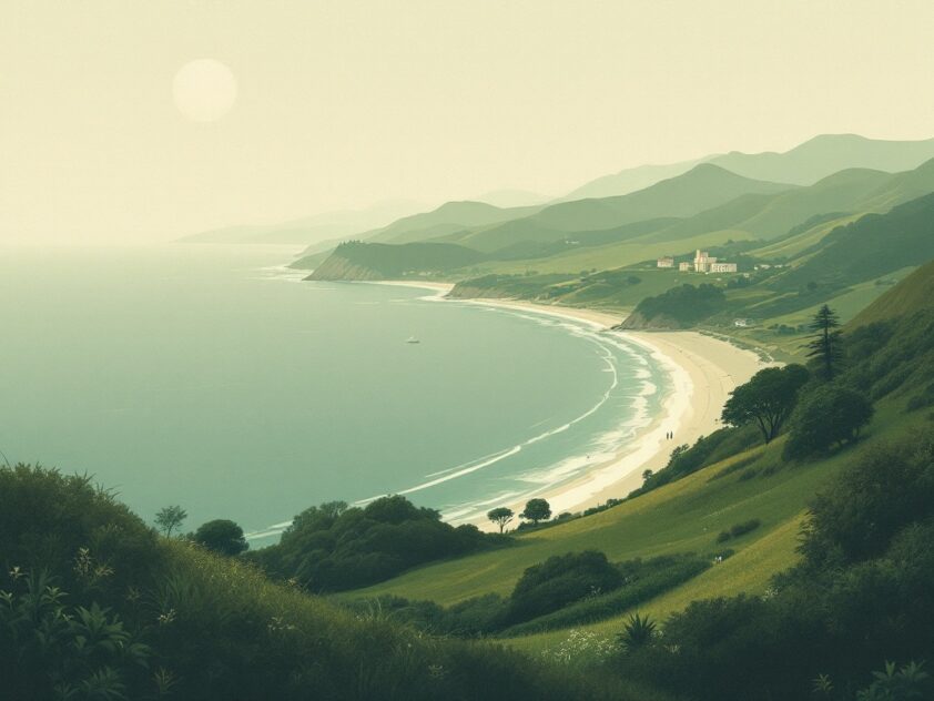 A serene, minimalist landscape depicting interactions between nature and human activity.