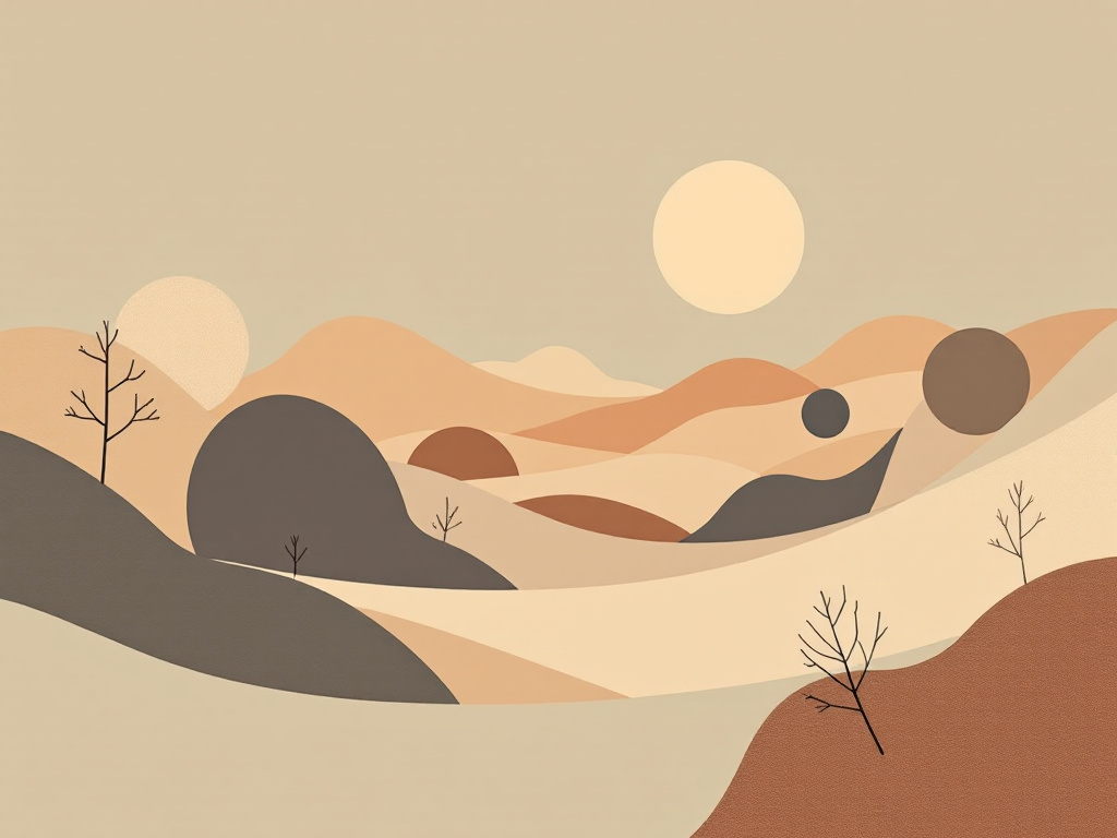 A serene, minimalist landscape featuring abstract geometric shapes and forms in muted, earthy tones.