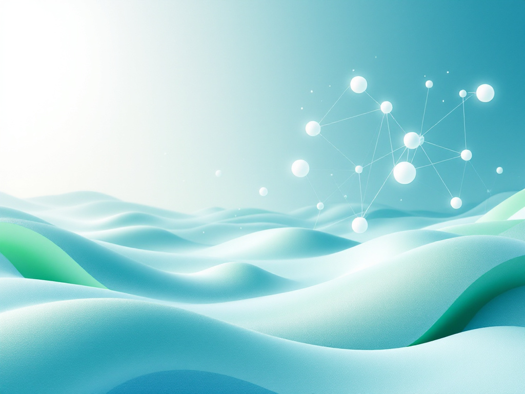 A serene, minimalist landscape featuring a network of interconnected geometric shapes in shades of blue and green.