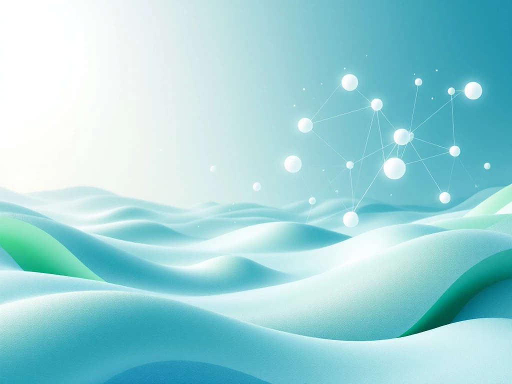 A serene, minimalist landscape featuring a network of interconnected geometric shapes in shades of blue and green.