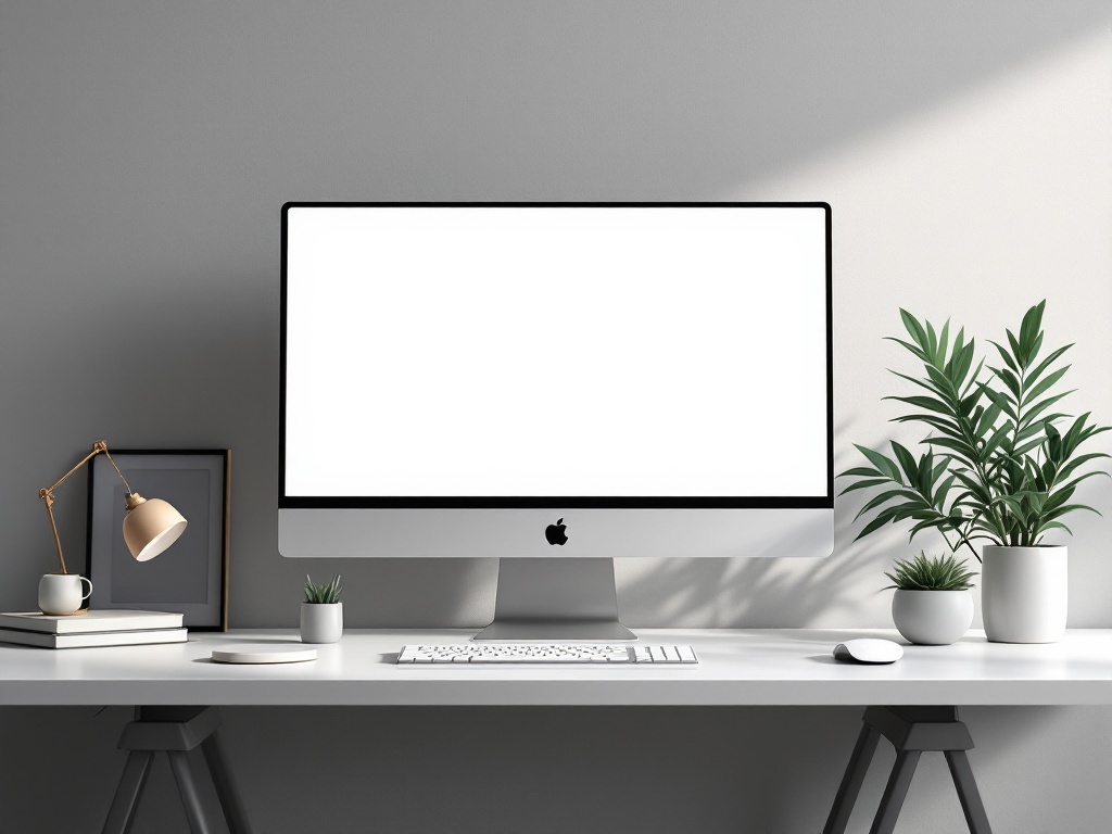 A sleek, minimalist desktop workspace featuring a modern computer monitor and stylish desk accessories.