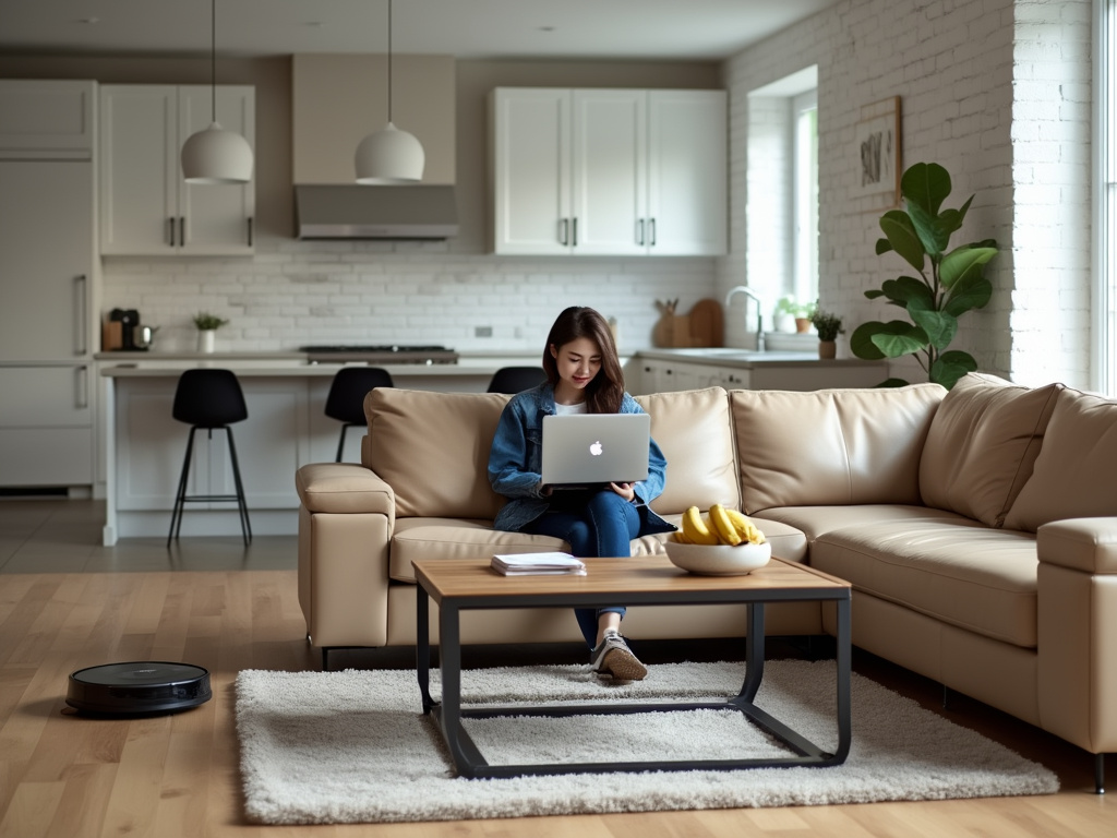 A person seated on a couch using a laptop with a robot vacuum nearby.