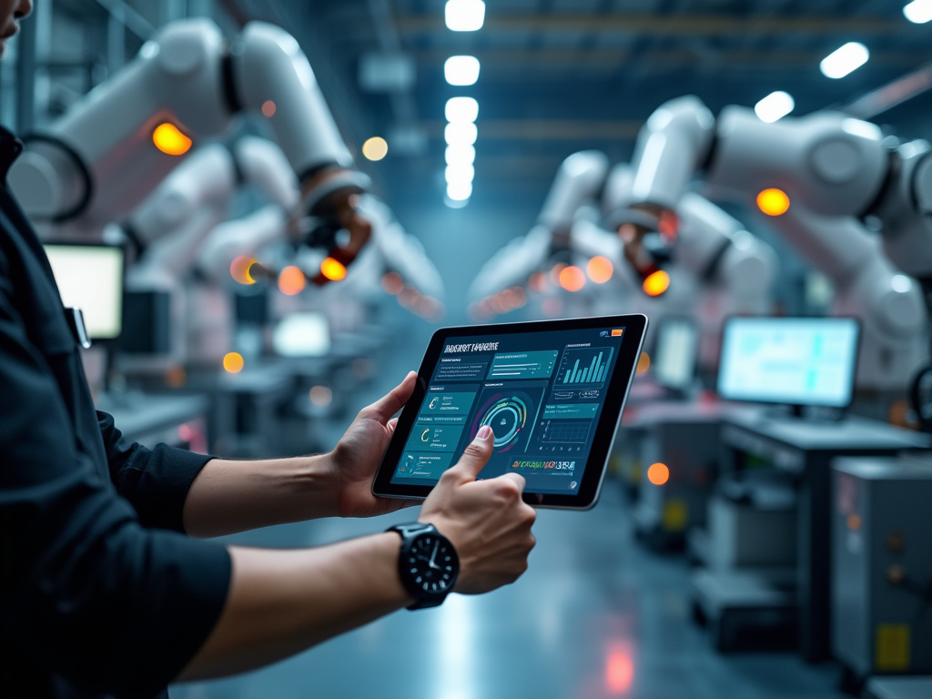 A person interacting with a tablet displaying data analytics in an industrial factory with robotic arms.