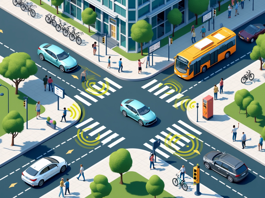 A bustling urban intersection with pedestrians, cyclists, and vehicles interacting with smart traffic systems.