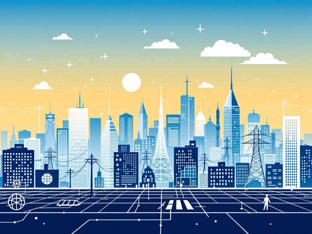 A sleek illustration of a cityscape with geometric shapes representing a smart grid system.