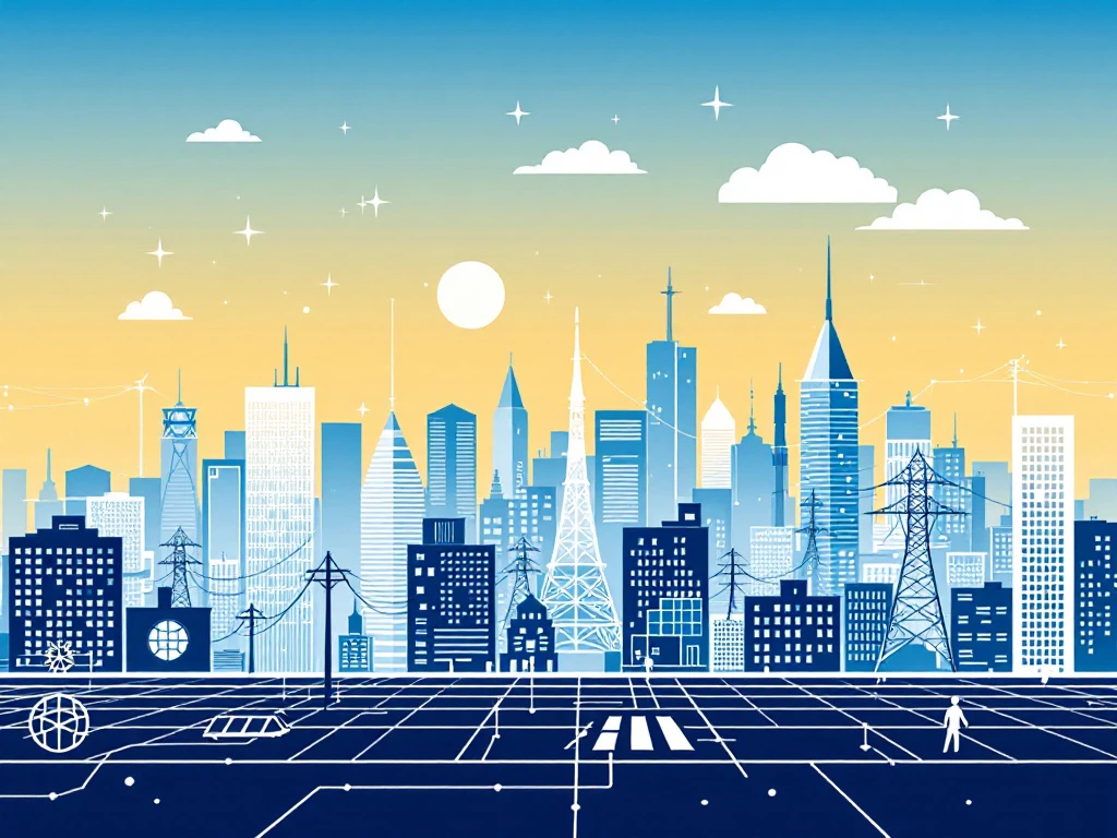 A sleek illustration of a cityscape with geometric shapes representing a smart grid system.