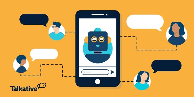 A smartphone with a chatbot displaying expressive eyes and users.