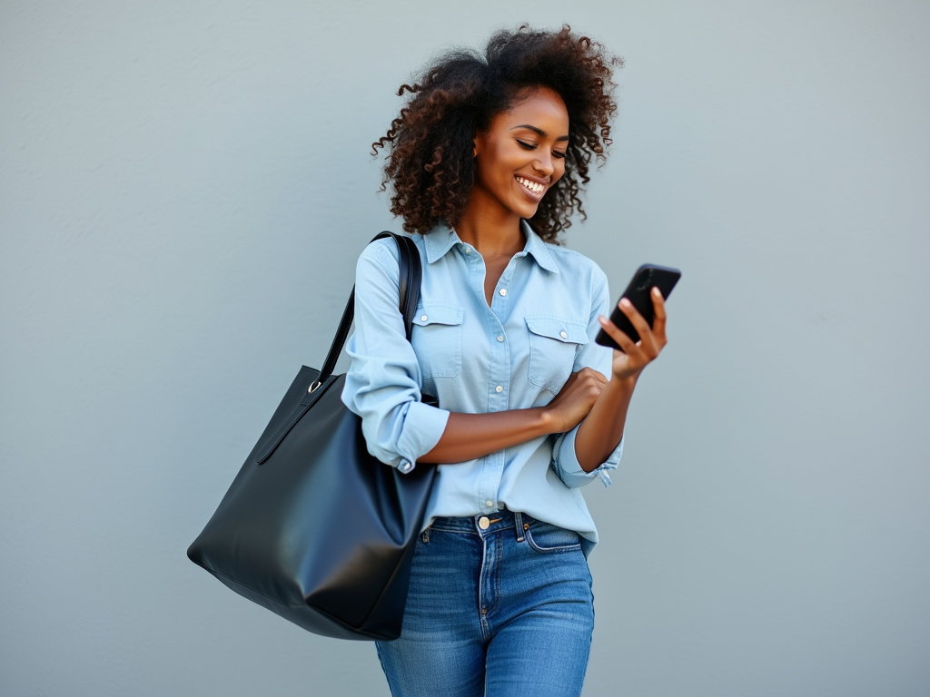 A woman with curly hair smiling while using her smartphone.