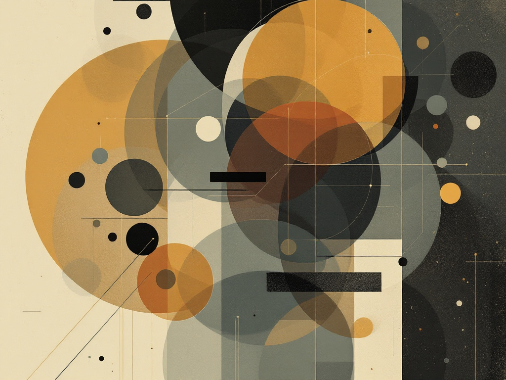 A sophisticated geometric design featuring overlapping shapes and patterns in muted earthy colors.