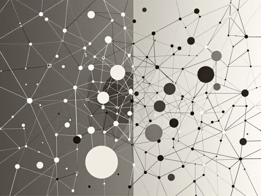 A sophisticated, minimalist geometric design with interconnected shapes and lines, representing the complex relationships within a knowledge graph.