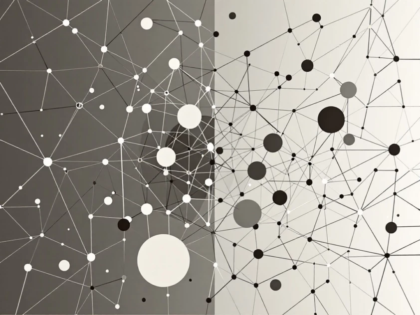 A sophisticated, minimalist geometric design with interconnected shapes and lines, representing the complex relationships within a knowledge graph.