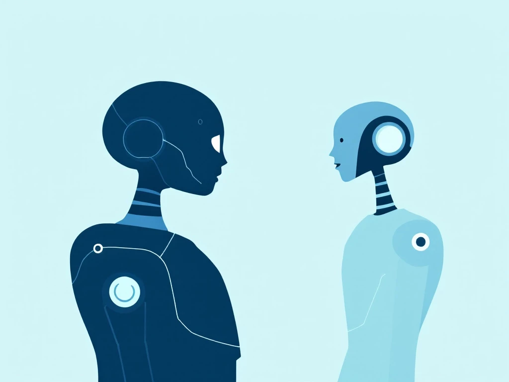 Stylized minimal illustration of a robotic silhouette in conversation representing AI technology.