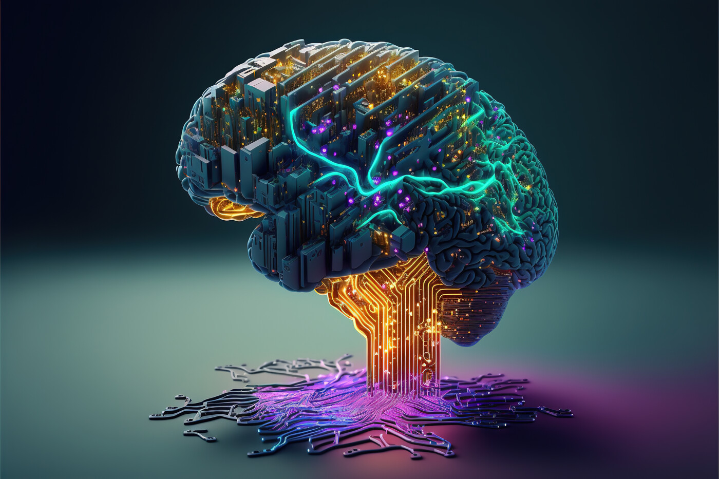 A brain with circuits and glowing elements symbolizing AI.