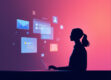 A minimalist digital illustration of a human silhouette interacting with floating digital elements, symbolizing sentiment analysis and chatbot technology.