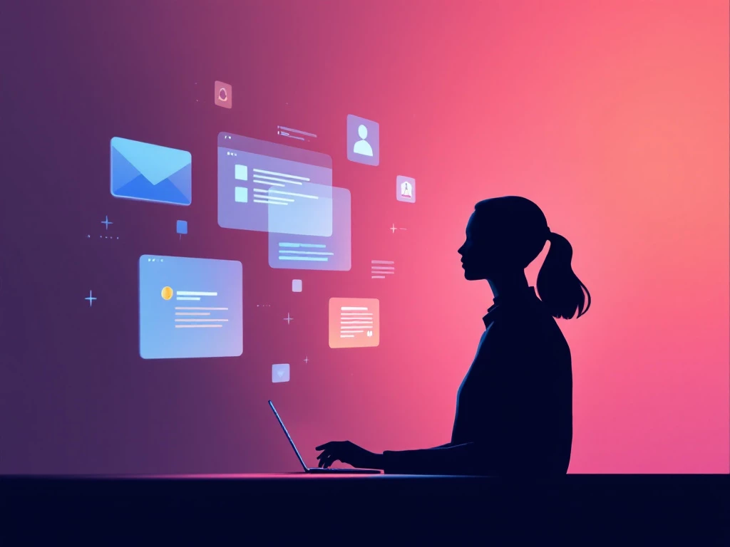 A minimalist digital illustration of a human silhouette interacting with floating digital elements, symbolizing sentiment analysis and chatbot technology.