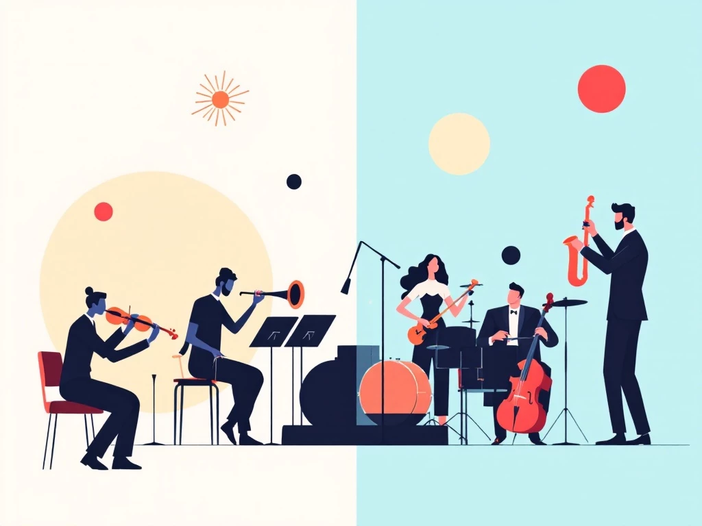 A minimalist image of a stylized orchestra and jazz ensemble representing discrete event simulation and agent-based modeling.