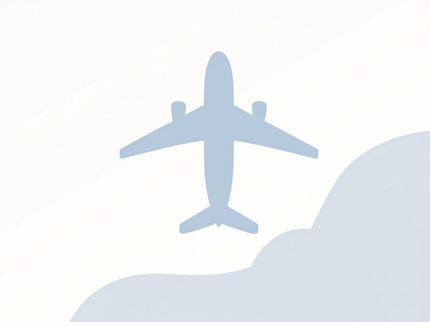 A minimalist digital illustration of a stylized airplane silhouette against a gradient background.