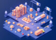 A minimalist, modern illustration of supply chain elements like boxes, trucks, and warehouse shelves in a geometric layout.