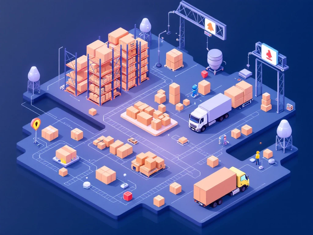 A minimalist, modern illustration of supply chain elements like boxes, trucks, and warehouse shelves in a geometric layout.