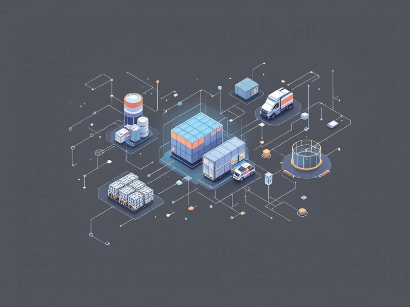 Modern visual representation of a supply chain system with geometric shapes and lines in a minimalist style.
