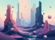 A surreal landscape featuring floating geometric shapes and abstract patterns.
