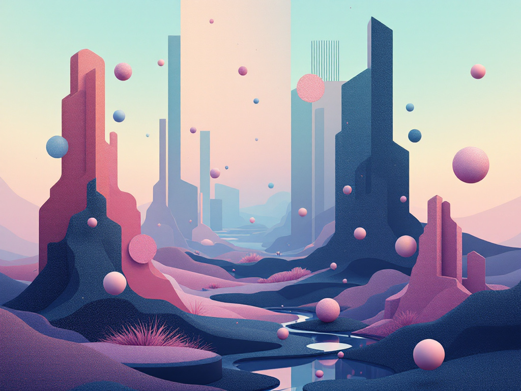 A surreal landscape featuring floating geometric shapes and abstract patterns.