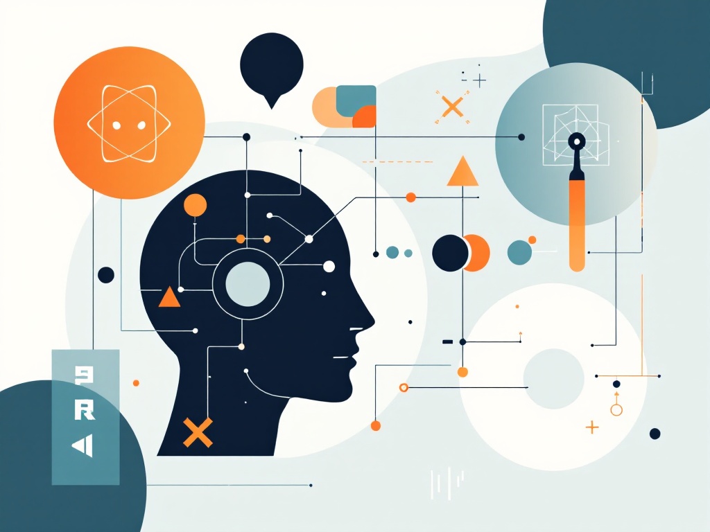 A minimalist and modern illustration featuring abstract shapes representing symbolic AI concepts.