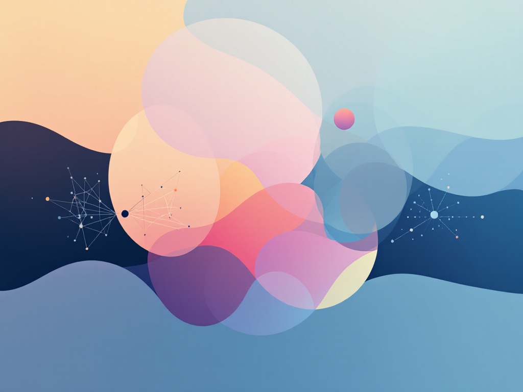 A minimalist, modern illustration depicting the interplay between symbolic AI and neural networks with abstract geometric shapes and gradients.