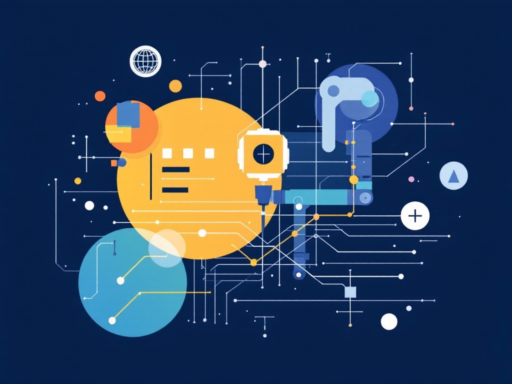 A modern, minimalist illustration depicting the concept of symbolic AI in robotics with abstract geometric shapes and a robotic silhouette.