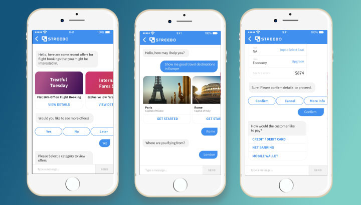 Three smartphone screens with a chatbot for booking travel.