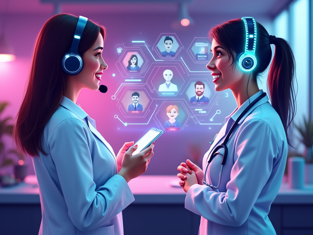 Two female healthcare professionals interacting in a modern medical setting.