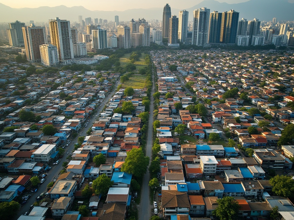 A contrasting view of a city depicting slums and modern high-rises.