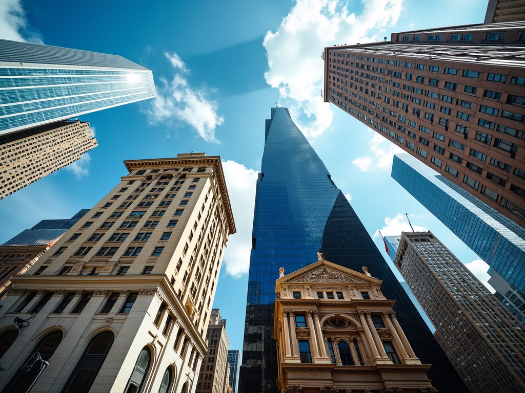 A perspective view of a bustling urban area with skyscrapers.