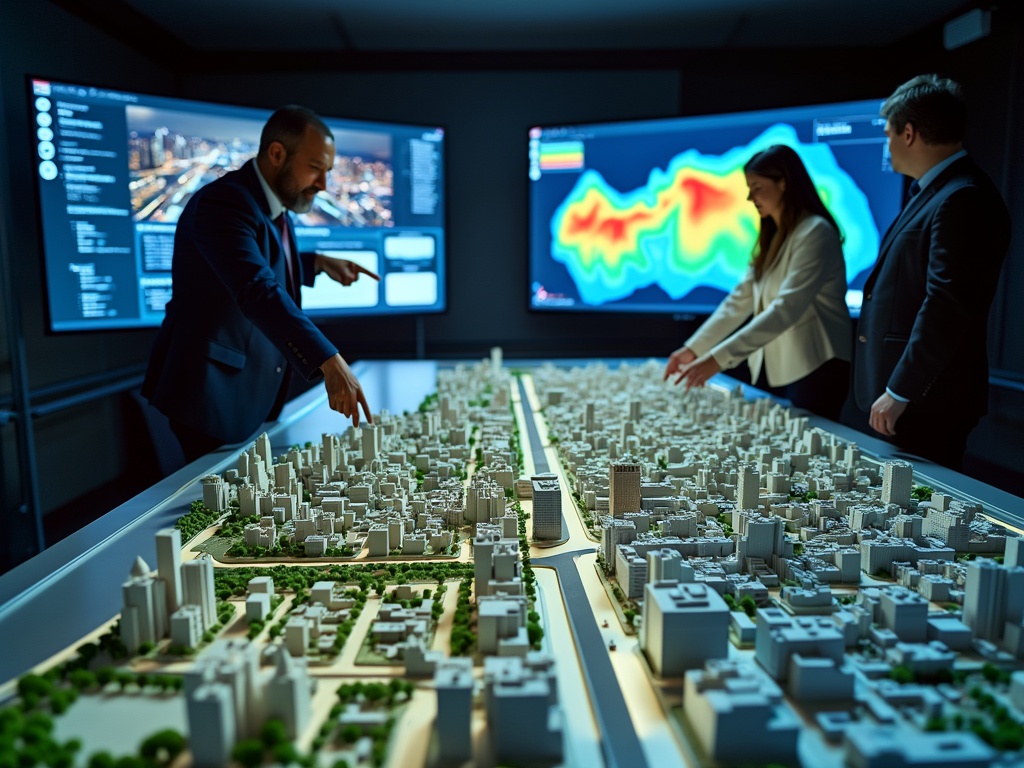 A group discussing a 3D model of an urban planning simulation.