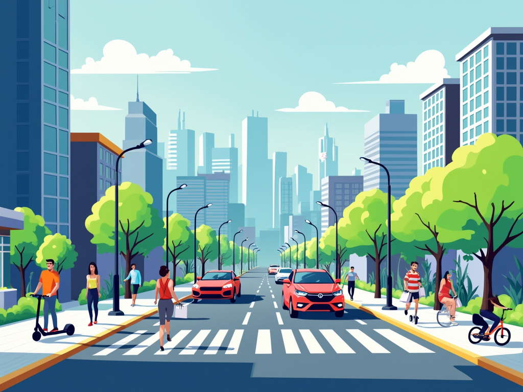 A vibrant cityscape with pedestrians, cyclists, and cars for eco-mobility.