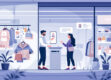 A digital illustration depicting a virtual shopping environment with an animated chatbot assistant engaging with a customer.