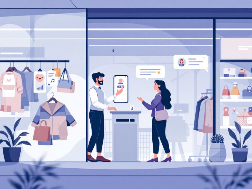 A digital illustration depicting a virtual shopping environment with an animated chatbot assistant engaging with a customer.