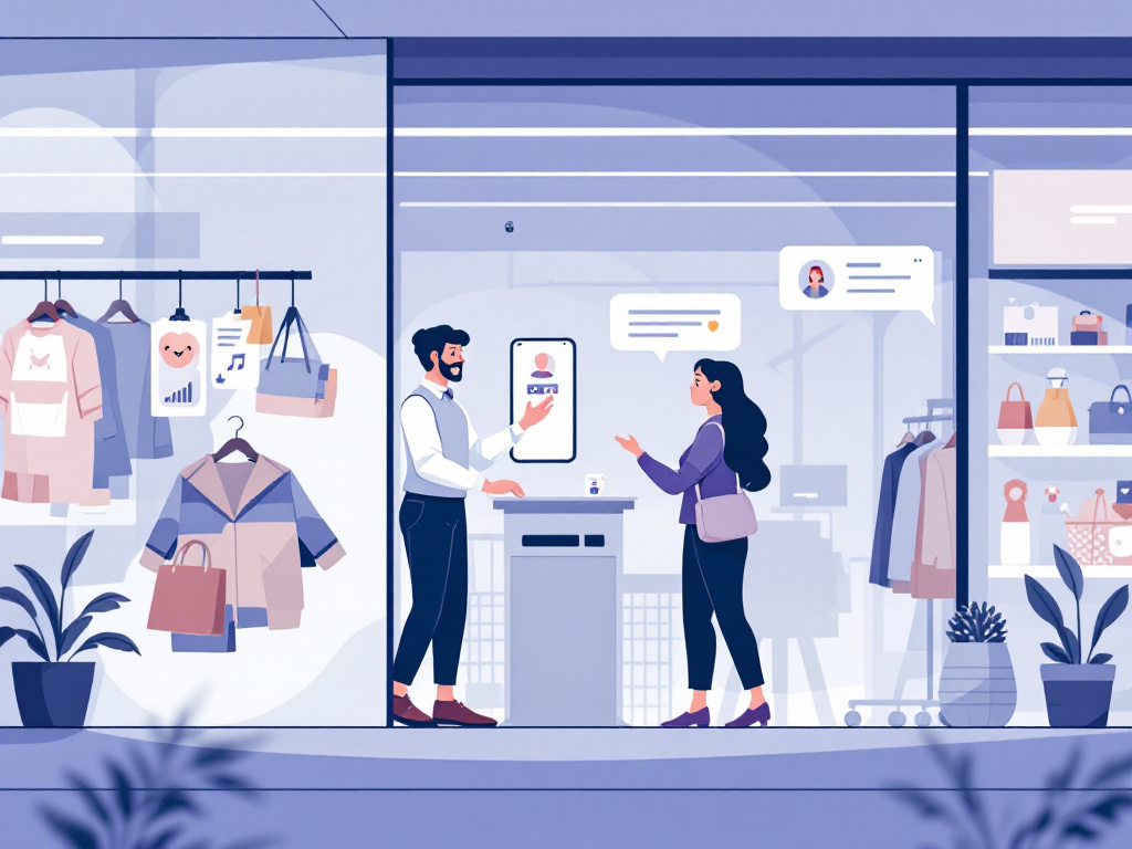 A digital illustration depicting a virtual shopping environment with an animated chatbot assistant engaging with a customer.