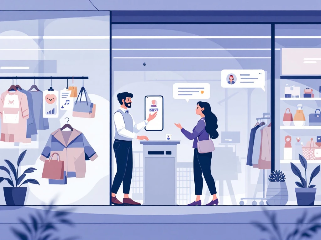 A digital illustration depicting a virtual shopping environment with an animated chatbot assistant engaging with a customer.